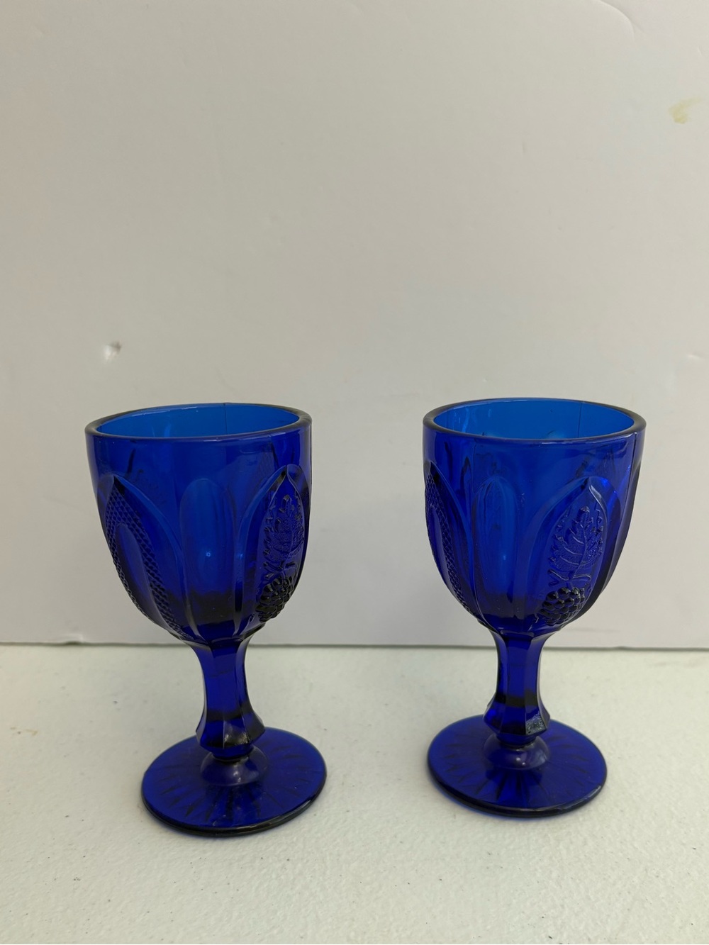 Cobalt Blue Cordial Glass Cups Goblets Grape Design Vintage 4.5” Small Set Of 2